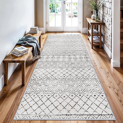Moroccan 3x8 Runner Rug Hallway: Washable Farmhouse Runners - Non Slip Low Pile Soft Kitchen Rugs - Modern Indoor Floor Neutral Carpet for Bedroom Entryway Laundry 3x8 Geo Grey