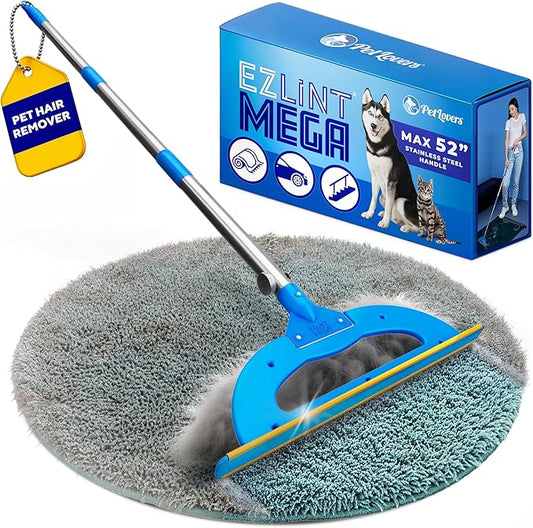 PetLovers EzLint Mega 52" Carpet Rake & Pet Hair Removal Tool – Dog & Cat Hair Remover Broom with Adjustable Handle & Extra Wide Head for Carpets, Rugs & Stairs, Blue
