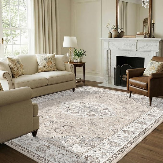 Living Room 6x9 Area Rugs: Farmhouse Washable Ultra Soft Carpet for Bedroom Nursery Indoor Vintage Stain Resistant Rug for Dining Room Non-Slip Durable Neutral Floor Mat for Pet Owners(6x9 Beige)