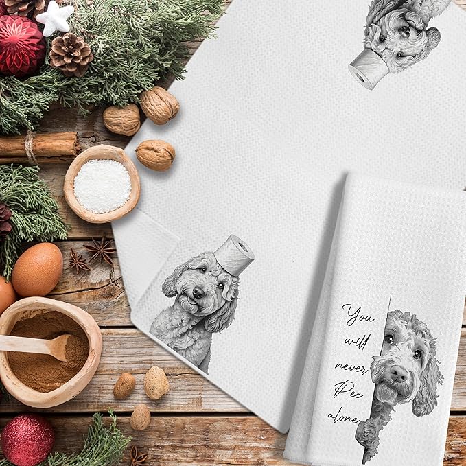 Funny Goldendoodle Dog Hand Towels Set of 2, You Will Never Pee Alone Funny Bathroom Hand Towels, Goldendoodle Gifts, Dog Bathroom Decor, 16x24 Inches