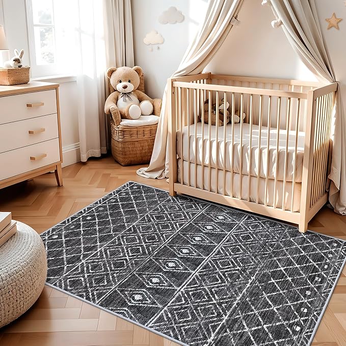 3x5 Washable Moroccan Area Rug: Ultra Soft Low Pile Non-Slip Rugs - Modern Geometric Printed Indoor Floor Mat - Carpet for Living Room Bedroom Entryway Kitchen Home Decor 3x5 Black