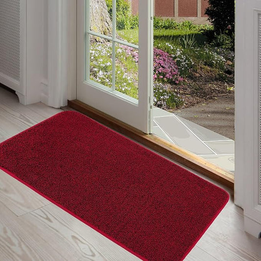 ITSOFT Dirt Trapper Indoor Door Mat & Entrance Rug for Wet Muddy Shoes and Pet Paws, Non-Slip Machine Washable, Shoe Scraper, Absorbent Welcome Dog Mat for Front Door, Entry Way (30x18, Red & Black)
