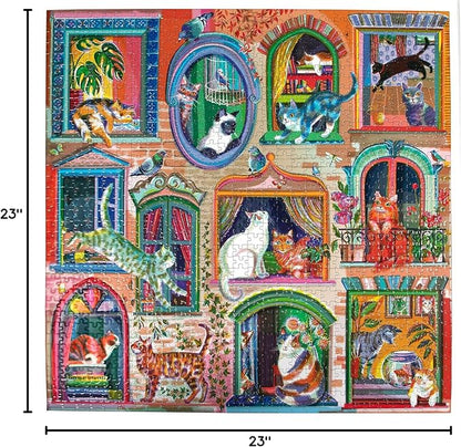 eeBoo 1000 Piece Puzzle - Cats in Window Jigsaw Puzzle for Adults, Square 23" x 23" Made with Recycled Board & Vegetable-Based Ink