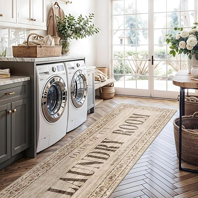 2x6 Runner Rug for Laundry Room - Machine Washable Non Slip Rugs for Mudroom Washroom Ultra Soft Stain Resistant Carpet Farmhouse Durable Home Decor Floor Mat for Bathroom 2x6 Natural Wood Brown