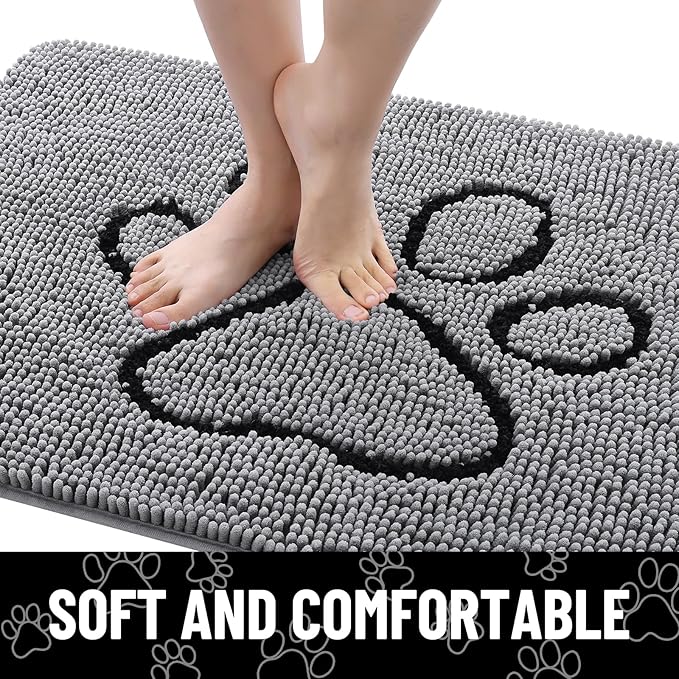 Smiry 2 Piece Dog Door Mat for Muddy Paws, Absorbent Dirt Trapper Non Slip Quick Dry Washable Chenille Mat for Mud Dogs, Entry Rug for Indoor and Outdoor (36x24 Inches, Grey)