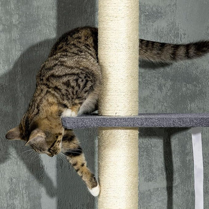 PawHut Floor to Ceiling Cat Tree, 5-Tier Cat Climbing Tower, 95''-106'' Height Adjustable with Carpeted Platforms, Cozy Bed, Hammock, Scratching Post & Toy Ball for Indoor Cats, Dark Gray and Cream