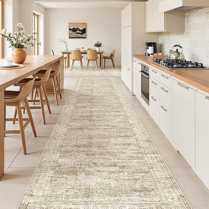 Washable Runner Rug 2.5x14, Non-Slip Long Hallway Runner for Entryway, Soft Vintage Kitchen Mats for Floor, Abstract Dining Room, Bedroom, Living Room Rugs(2.5'x14', Brown/Ivory)