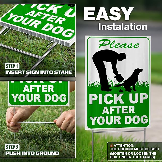 2 PC Pick Up After Your Dog Sign, 8x12 DS Coroplast Please Clean Up After Your Pet Sign with Stake for Lawn Yard