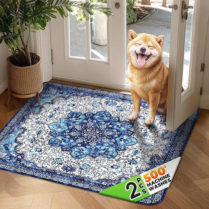 Hompet 2 Pack Super Absorbent Dog Door Mat for Muddy Paws, Washable Pee Pads for Dogs, Reusable Puppy Training Pads, Quick Dry Non-Slip Pet Entryway Rug, Leak-Proof Potty Pad for Indoor Floors 54x54