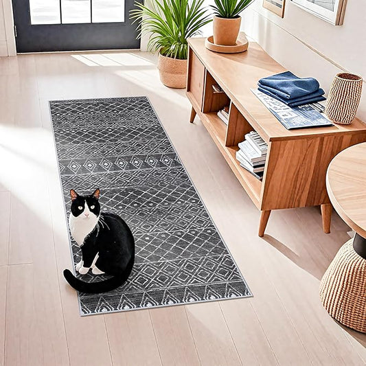 2x5 Rug Runner Moroccan - Washable Hallway Runner Rug Non Slip Pets Friendly Runner Low Pile Soft Indoor Floor Mat Front Door for Kitchen Bedroom Entryway Laundry 2x5 Black