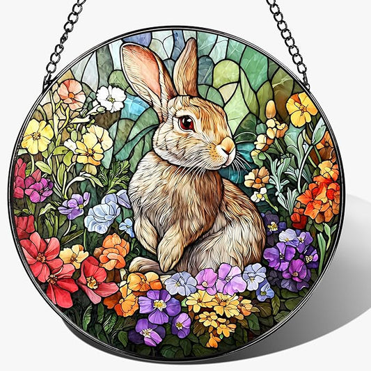 Stained Glass Window Hanging, 8 Inch Rabbit Sun Catcher, Bunny Stained Glass Suncatcher, Window Decor, Gifts for Mothers Day, Birthday, Christmas, Rabbit Lovers Gifts, Gift for Women Mom and Friend