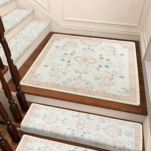 RORA Stair Treads Landing Mat Non-Slip Stair Treads Matching Mat for Wooden Steps Indoor,Bullnose Carpet Stair Floral Stair Rugs Washable Stair Carpet for Pets,30"x30",Beige,1pcs