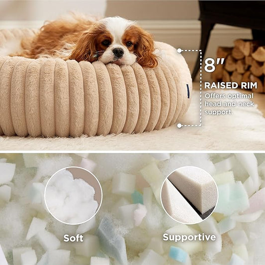 Bedsure ComfyFleece™ Donut Medium Dog Bed - Washable Faux Fur with Corduroy Fleece & Anti Slip Bottom, Round Pet Bed with Removable Cover, Sandy Beige, 30x30x8 inches