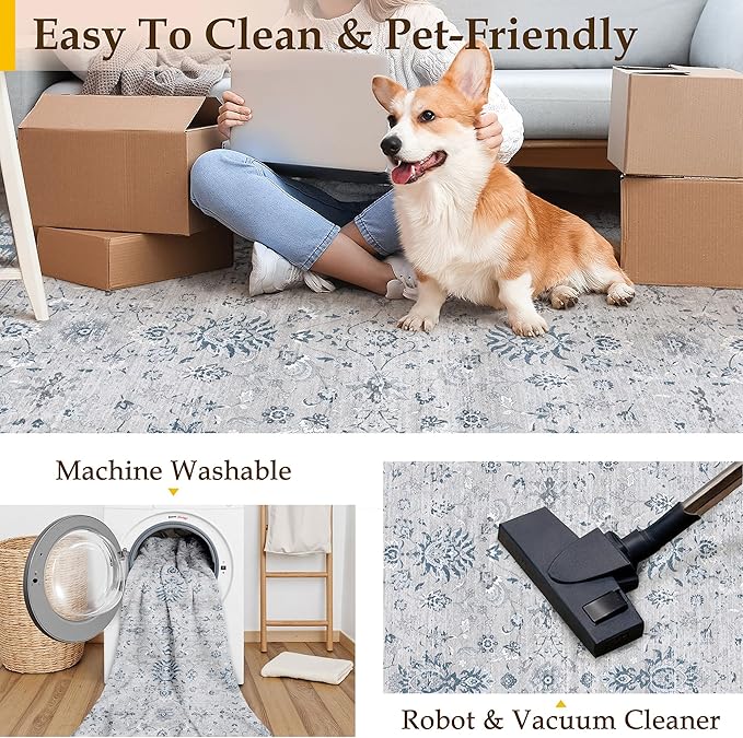 2x6 Runner Rug Blue Washable Hallway Vintage Carpet Kitchen Small Long Non Slip Stain Soft Resistant Low Pile Thin Boho Accent Indoor Throw Rug for Bedroom Laundry Living Room