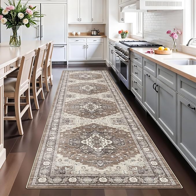 3x12 Washable Hallway Runner Rug: Oriental Living Room Entryway Wide Area Rug Ultra Soft Non Slip Runners for Kitchen Dining Room Stain Resistant Low Pile Floor Mat for Bathroom Bedroom(Brown,3x12)