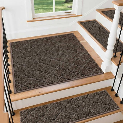 COSY HOMEER Edging Stair Treads Non-Slip Corner Indoor Stair Runners for Wooden Steps,Landing Slip Resistant Stair Rugs Mat for Kids and Dogs,100% Polyester TPE Backing,Brown,30x30 inch