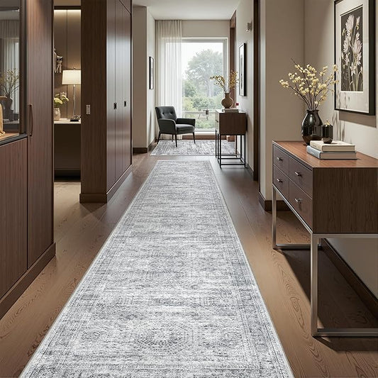 Long Hallway Runner Rug- Carpet Runners for Hallway 12ft, Anti Slip Backing Washable Rug Runner for Bathroom, Entrance, Living Room, Soft Low Pile Modern Rug Runner(2'x12', Grey/Ivory)