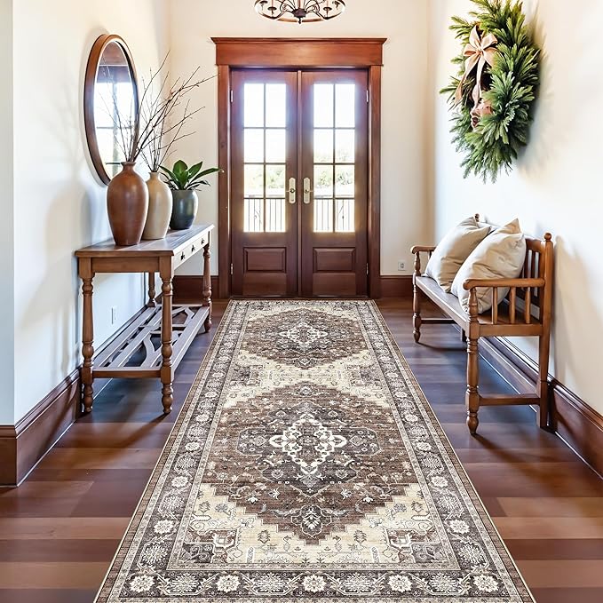 Washable 3x10 Long Hallway Runners, Vintage Ultra Soft Carpet for Hardwood Kitchen Bedroom Living Room Non Shedding Accent Rug Farmhouse Non-Slip Floor Mat for Dining Room Bathroom (3x10,Brown)