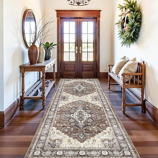 Washable 3x10 Long Hallway Runners, Vintage Ultra Soft Carpet for Hardwood Kitchen Bedroom Living Room Non Shedding Accent Rug Farmhouse Non-Slip Floor Mat for Dining Room Bathroom (3x10,Brown)