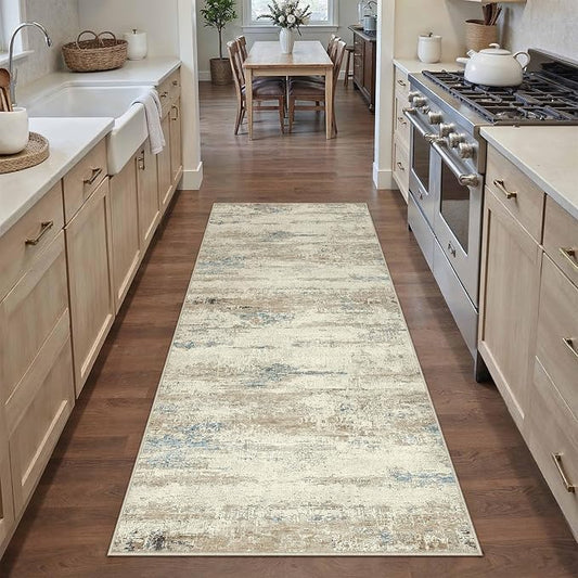 2x6 Runner Rug Washable Beige Brown Abstract Modern Neutral Hallway Carpet Non Slip Low Pile Indoor Kitchen Carpet Contemporary Aesthetic Long Rug Bathroom Bedroom Laundry