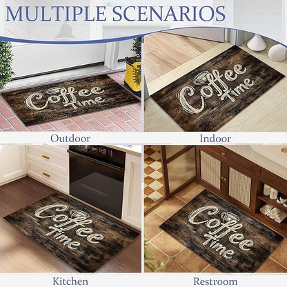 Door Mat, Retro Coffee Time Rugs for Front Door,Non-Slip Rustic Wood Board Low Profile Indoor Outdoor Welcome Mat for Entry Patio, Porch, Hallways,Kitchen 30 x 17 Inch