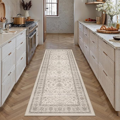 2x6 Runner Rug Beige Washable Hallway Vintage Carpet Kitchen Small Long Non Slip Stain Soft Resistant Low Pile Thin Boho Accent Indoor Throw Rug for Bedroom Laundry Living Room