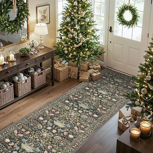 Washable 2x8 Hallway Runner Rug: Vintage Water-Resistant Kitchen Entryway Rug Ultra Soft Living Room Bedroom Carpet with Non Slip Backing Indoor Low Pile Floor Mat for Bathroom Dining Room(2x8,Green)
