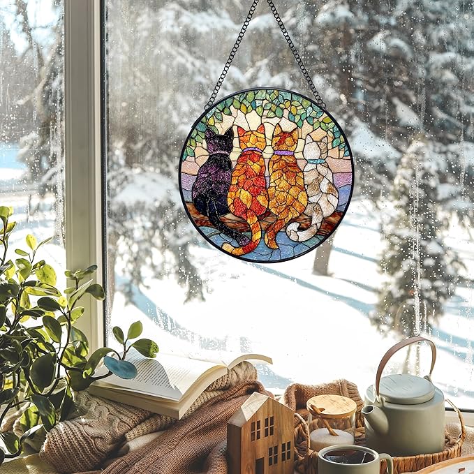 Cat Stained Glass Window Hanging Suncatchers, Cat Mom Lovers Owner Gifts Sun Catchers Indoor Window Glass Wall Art Decor, Cats Wall Hanging Decorations Sculptures, 7.9x7.9in