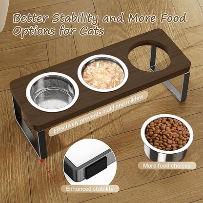 Elevated Cat Bowls with 3 Stainless Steel Bowls | 10° Tilted Anti-Vomiting Raised Cat Food Bowl for Small Cats and Puppies Pet Bowl with Stand（Walnut Color）