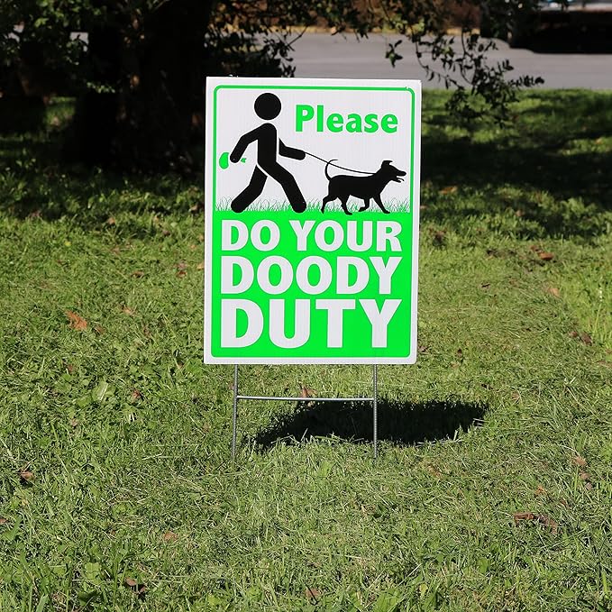 Iconikal Clean Up After Your Pet Waste Yard Sign - Please Do Your Doody Duty - Funny Dog Poop - 9 x 12-Inch Durable and Visible Pickup Reminder - Printed on Both Sides, Made with Corrugated Plastic and Metal H Stakes