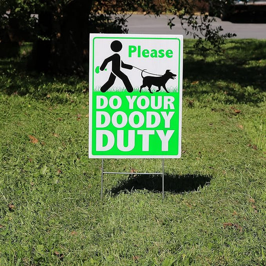 Iconikal Clean Up After Your Pet Waste Yard Sign - Please Do Your Doody Duty - Funny Dog Poop - 9 x 12-Inch Durable and Visible Pickup Reminder - Printed on Both Sides, Made with Corrugated Plastic and Metal H Stakes