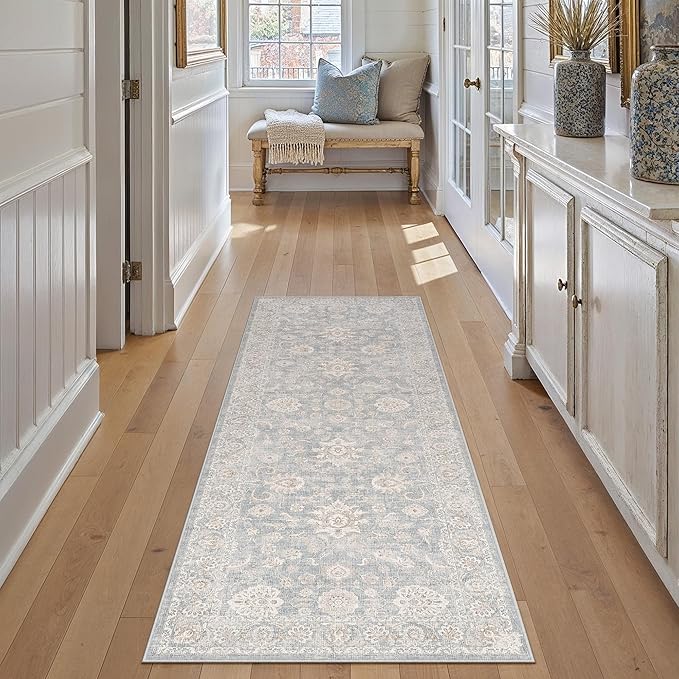 2x6 Blue Cream Washable Runner Rug for Kitchen Hallway Neutral Floral Soft Non Slip Rug Low Pile Distressed Carpet for Bathroom Bedroom Indoor Nursery