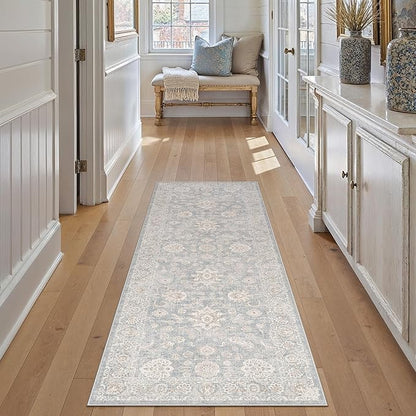 2x6 Blue Cream Washable Runner Rug for Kitchen Hallway Neutral Floral Soft Non Slip Rug Low Pile Distressed Carpet for Bathroom Bedroom Indoor Nursery