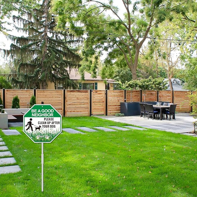 Clean Up After Your Dog Sign with Stake, 10"W x 28"H Aluminum Be A Good Neighbor, Pick Up After Your Dog Sign for Yard, No Poop Lawn Sign, Curb Your Dog Signs for Lawn- Easy to Install