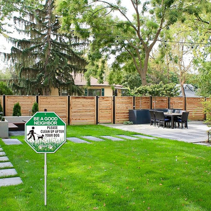 Clean Up After Your Dog Sign with Stake, 2 Pack 10"W x 28"H Aluminum Be A Good Neighbor, Pick Up After Your Dog Sign for Yard, No Poop Lawn Sign, UV Protected & Waterproof, Easy to Install