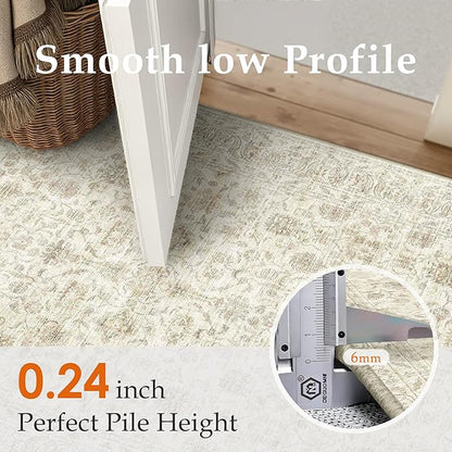 2x6 Runner Rug Machine Washable Hallway Kitchen Vintage Distressed Non Slip Carpet Indoor Small Long Low Pile Thin Beige Bedroom Bathroom Retro Accent Throw Rug Laundry Living Room