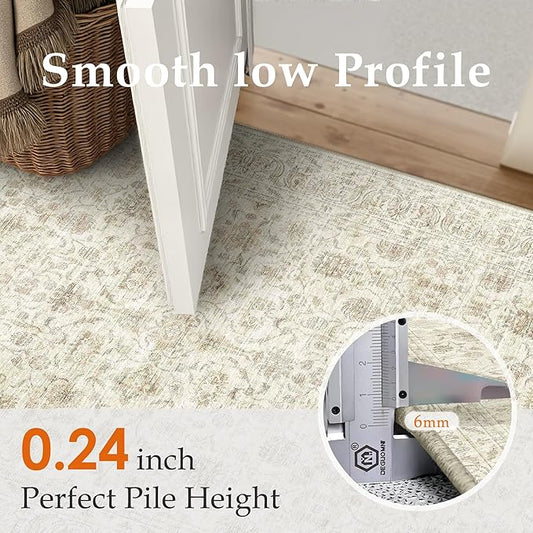 2x6 Runner Rug Machine Washable Hallway Kitchen Vintage Distressed Non Slip Carpet Indoor Small Long Low Pile Thin Beige Bedroom Bathroom Retro Accent Throw Rug Laundry Living Room
