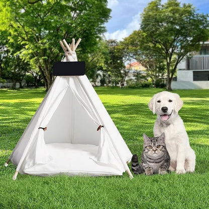Pet Tent/Tipi for Cats & Dogs - Washable Canvas, Foldable Pet Teepee with Anti-Slip Base & Detachable Cushion | Indoor/Outdoor Safe Shelter for Pets-White-L