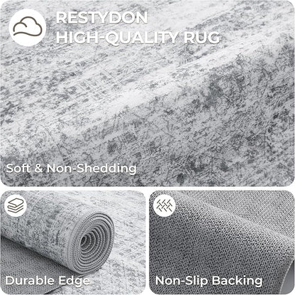 3x10 Runner Rug Non Slip Washable for Entryway, Vintage Hallway Runner for Front Porch, Laundry Room, Bedroom, Abstract Stain Resistant Thin Indoor Kitchen Mats for Floor(3'x10', Grey/Ivory)