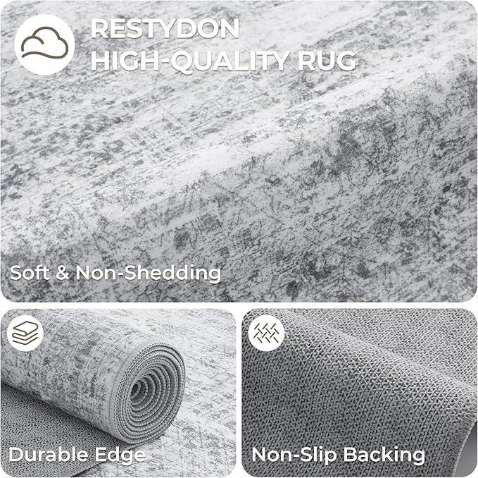 4x10 Runner Rug, Washable Hallway Runner Rug with Non-Slip Backing, Low Pile Wide Runner for Living Room, Entryway, Kitchen, Soft Modern Home Decor Mat for Dining Room(4'x10', Grey/Ivory)