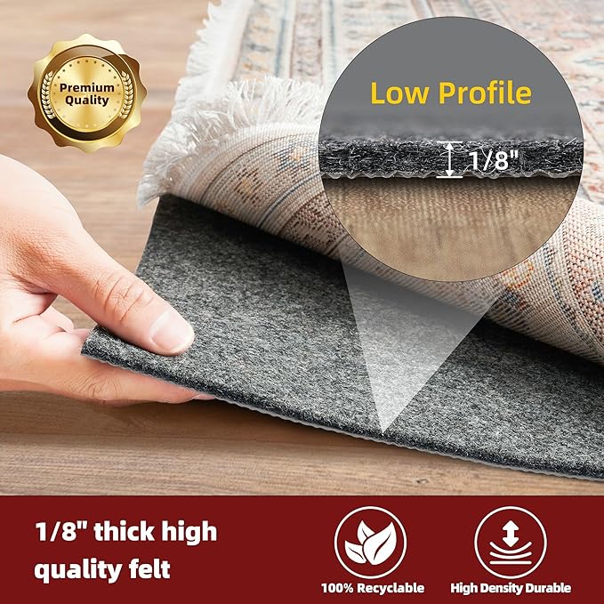 BAGAIL Felt and Natural Rubber Backing Rug Pads 1/8” Thick, 2 x 10 Ft Non Slip Rug Gripper Keep Rugs in Place, Under Area Rug Protective Cushioned Pads, Carpet Runners, Hardwood Floors Protection