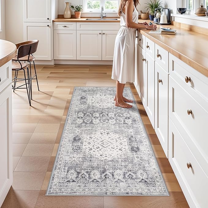 3x6 Kitchen Runner Rug Washable - Vintage Wide Hallway Carpet with Non Slip Backing Machine Woven Stain Resistant Bedroom Rugs Distressed Home Decor Floor Mat for Bathroom Laundry (Grey,3x6)