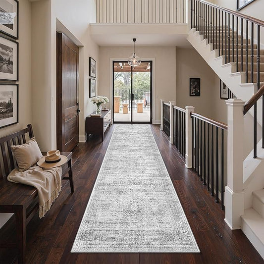 3x10 Runner Rug Non Slip Washable for Entryway, Vintage Hallway Runner for Front Porch, Laundry Room, Bedroom, Abstract Stain Resistant Thin Indoor Kitchen Mats for Floor(3'x10', Grey/Ivory)