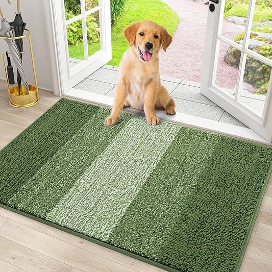 Smiry Dog Door Mat for Muddy Paws, Absorbs Moisture and Dirt, Low-Profile Entryway Mat with Non-Slip Backing, Entry Indoor Outdoor Doormat for Inside Floor (30x20 Inches, Green, Striped)
