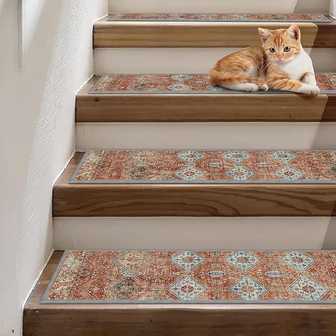 Non Slip Stair Treads for Wooden Steps 15PCS - 8"x30" Indoor Safety Carpet, Edging Mats with TPE Adhesive Backing, Pet and Elderly Friendly Stair Rugs (Rust)