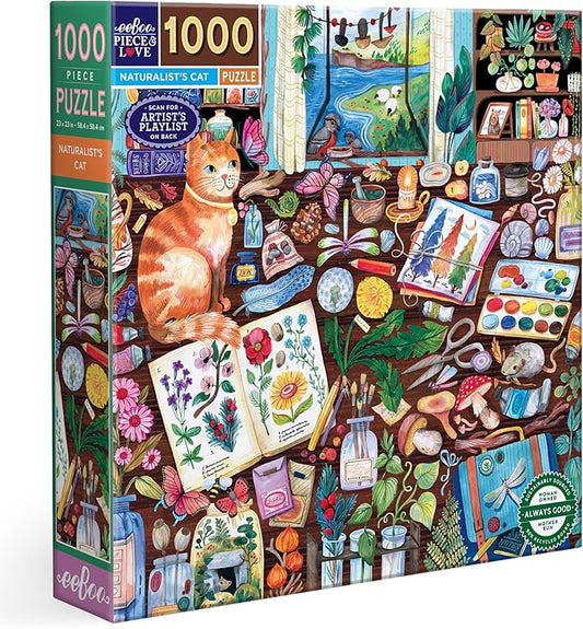 eeBoo 1000 Piece Puzzle - Naturalist’s Cat Jigsaw Puzzle for Adults, Square 23" x 23" Made with Recycled Board & Vegetable-Based Ink