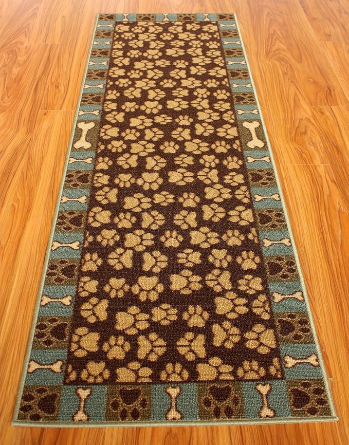 Pet Paw and Bone Design Brown Aqua Blue Printed Slip Resistant Rubber Back Latex Runner Rug (Brown Teal, 23" x 7')