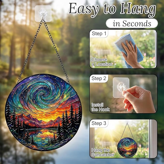 Sanwarm Stained Glass Window Hanging, Galaxy Sky Mountain Suncatcher Window Decor for Indoor Home Sun Catcher Ornament, Mother’s Day & Birthday Gift for Women, Men, Mom & Nana, 7.8 in