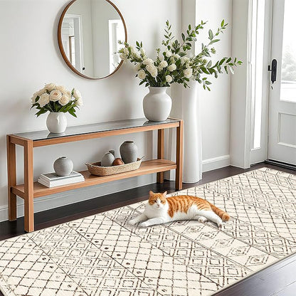 Washable 4x10 Runner Rug Hallway: Non Slip Moroccan Rugs - Modern Geometric Low Pile Soft Pets Friendly Runners - Indoor Thin Carpet for Kitchen Bedroom Entryway Laundry 4x10 Geo Beige