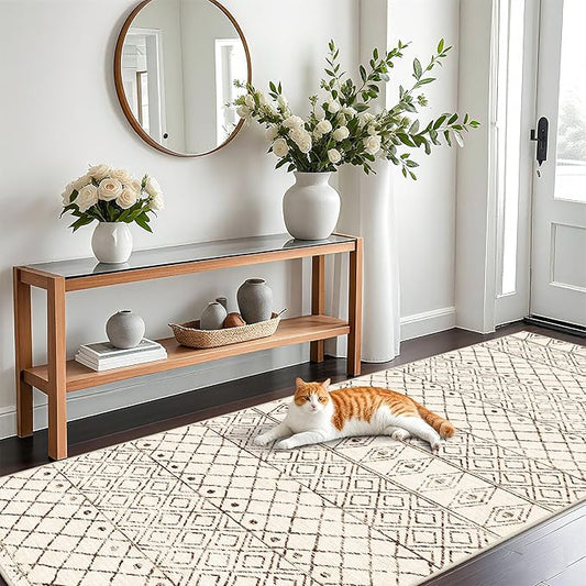 Washable 4x10 Runner Rug Hallway: Non Slip Moroccan Rugs - Modern Geometric Low Pile Soft Pets Friendly Runners - Indoor Thin Carpet for Kitchen Bedroom Entryway Laundry 4x10 Geo Beige